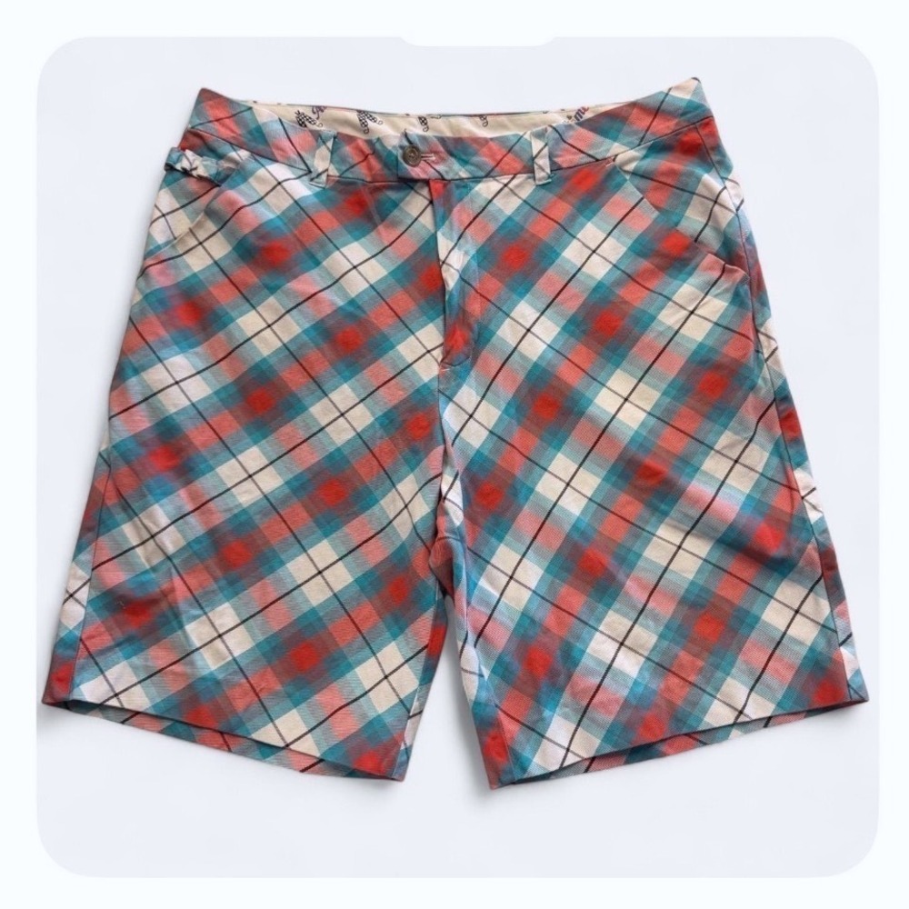 Royal & Awesome Golf Shorts Blue Red Plaid Cotton Stretch Funky Preppy Mens 38